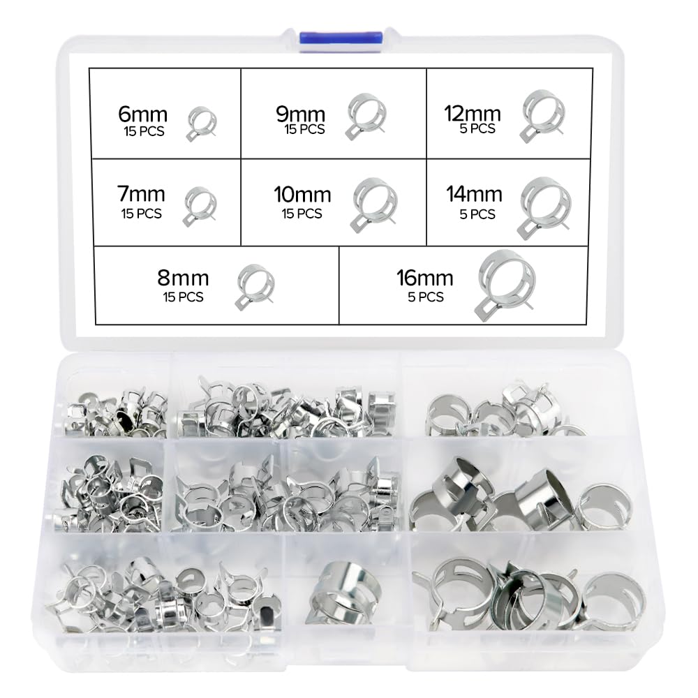 YIXISI 90 PCS 6/7/8/9/10/12/14/16 mm Fuel Line Hose Clips, Spring Hose Clamps, Water Pipe Air Tube Silicone Vacuum Clamp Fasteners, for Air Drain Fuel Line — image 1