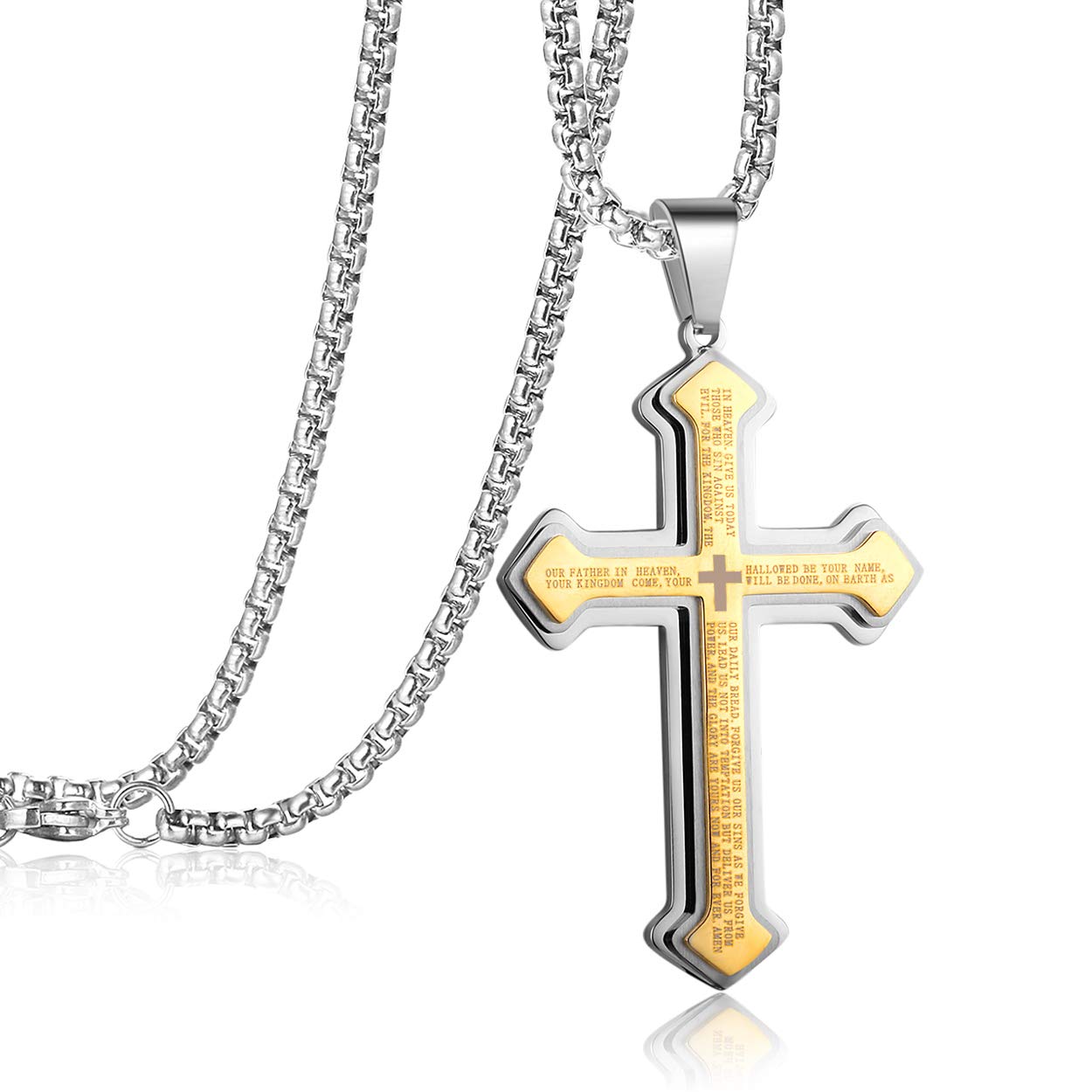 Rehoboth Men's Stainless Steel Nail Lord's Prayer Cross Pendant Necklace for Men Big Pendant and Strong Chain 24 Inch