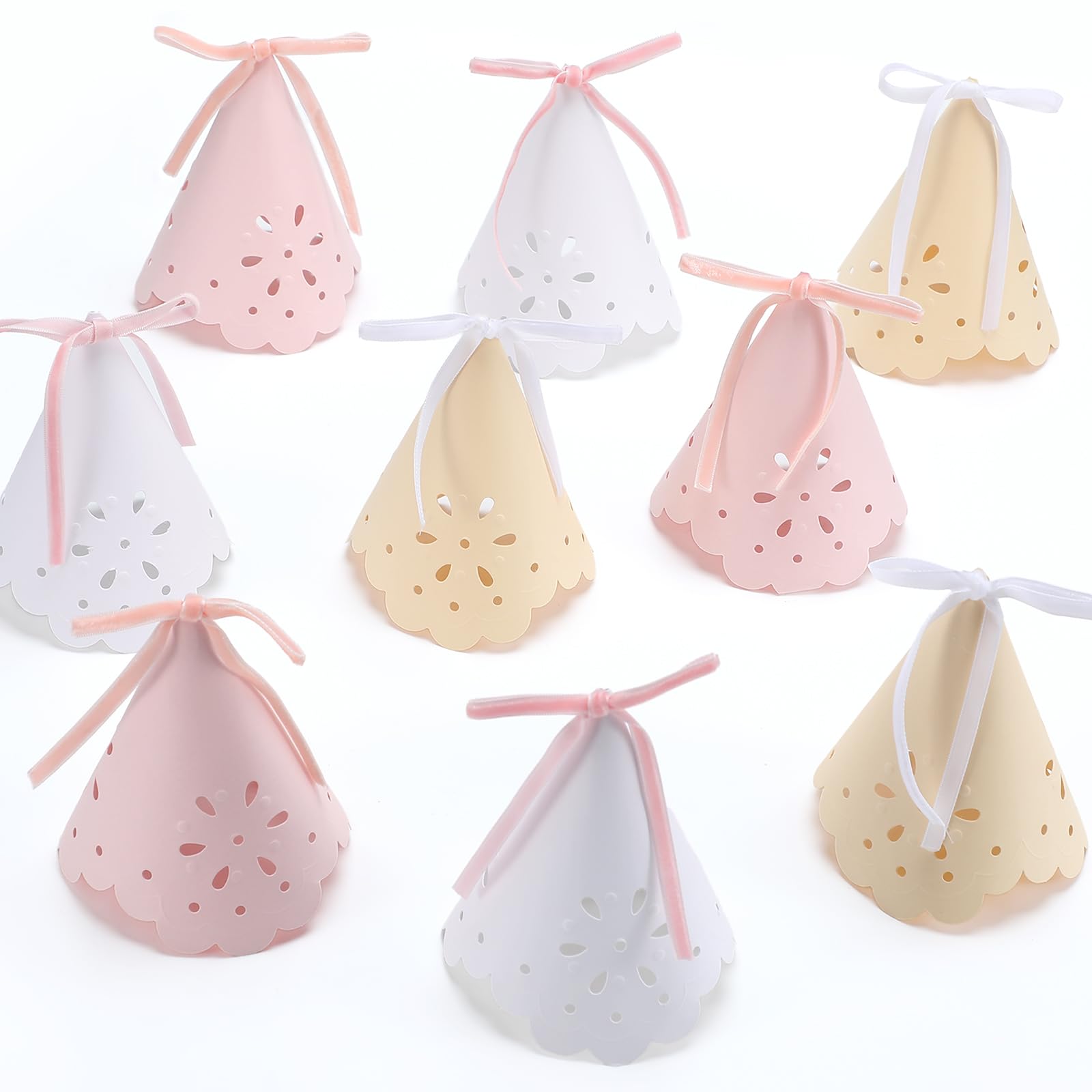 Photo 1 of Weysat 24 Pcs Lace Pastel Party Hats Pastel Birthday Party Hats with Lace Design and Velvet Bows Paper Princess Cone Hat with Elastic String for Birthday, Baby Shower, Bridal Shower Decor, 3"x 5.5"