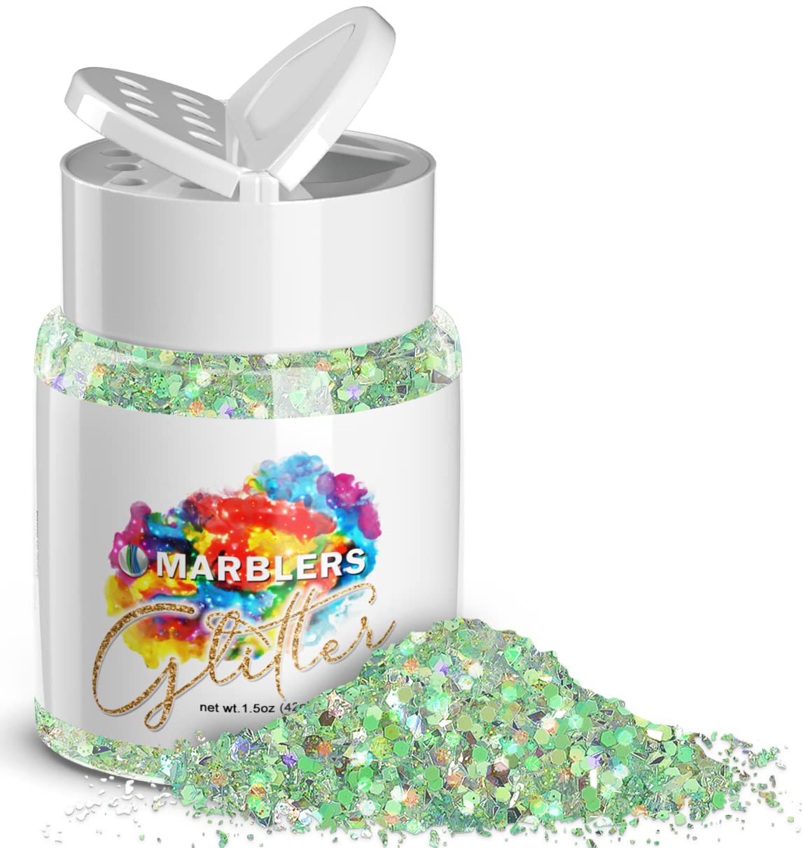 MARBLERS Holographic Glitter [Mixed Green] 1.5oz (42g) | Chunky | Non-Toxic, Vegan, Cruelty-Free | Face, Body, Eyeshadow, Hair, Festival, Party Makeup | Nail Art, Polish | Resin, Tumbler, Slime, Craft — image 1