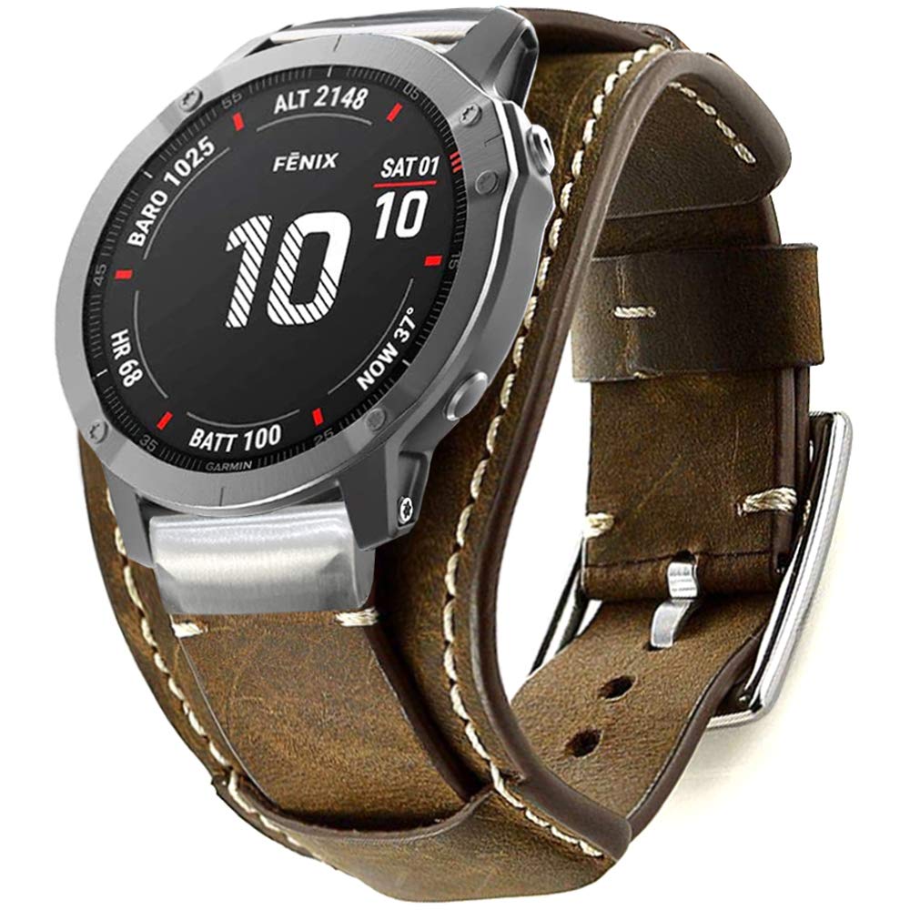 Leotop Leather Bands Compatible with Garmin Fenix 6X/6X Pro/5X/5X Plus/3/3 HR/Sapphire/D2/ Foretrek 601/701/Quatix 3/ Tactix Bravo Smartwatch,26mm Quick Fit Genuine Leather Cuff Band Strap (Coffee)