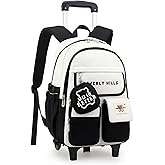 ZHANAO Color-blocking Rolling Backpack for Girls,Kawaii School Bag with Wheels,Trolley Bookbags for Primary Students