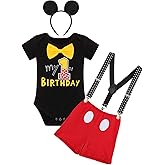 IMEKIS Baby Boys 1st 2nd Birthday Outfit Bowtie Romper with Suspenders Red Shorts Headband Sets Cake Smash Photo Shoot