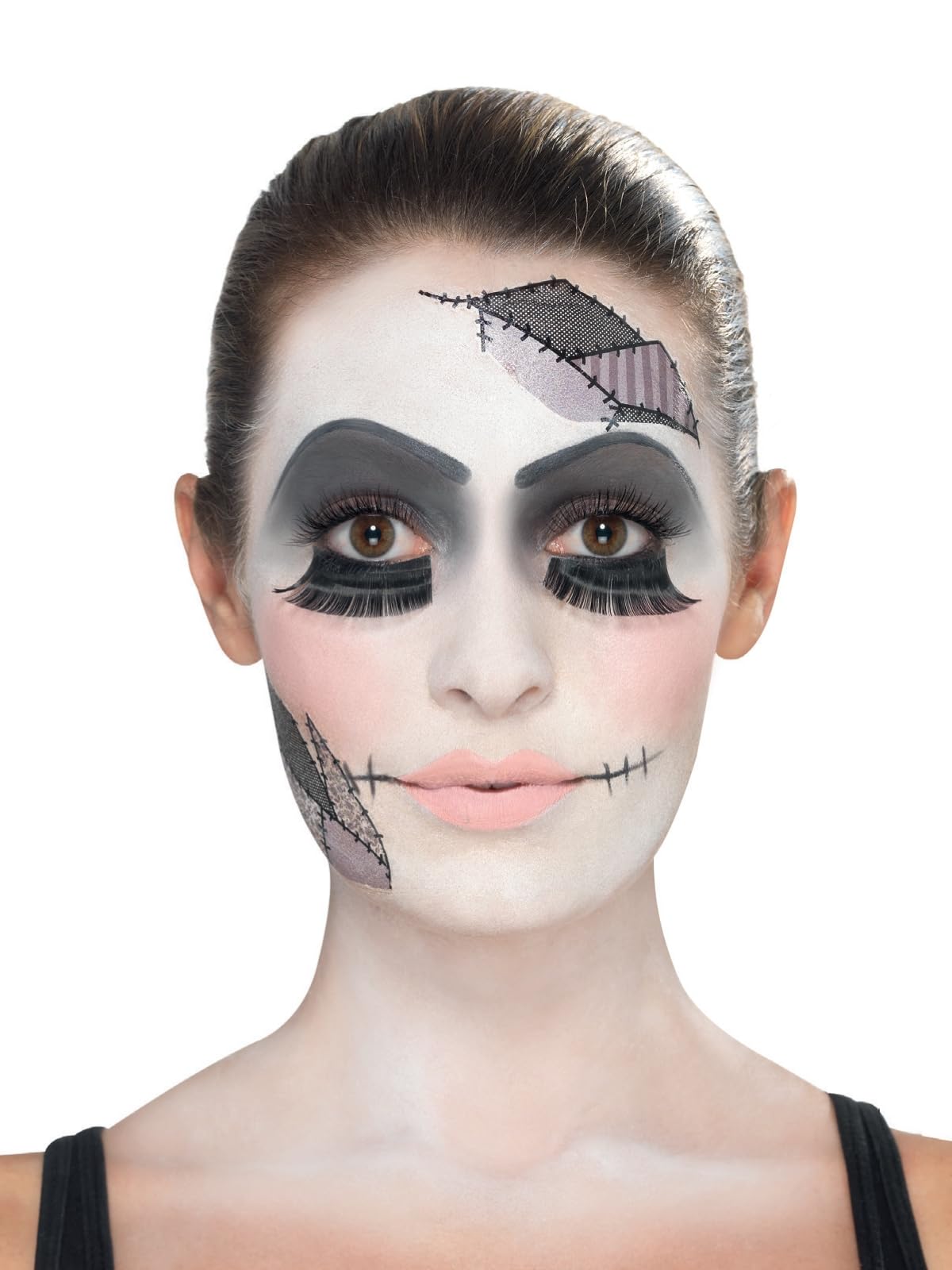 Smiffys Make-Up FX, Damaged Doll Kit, Aqua, Black Transfers, Facepaint, Lashes, Sponge & Brush, Cosmetics and Disguises Fancy Dress, Doll Dress Up Cosmetics & Disguises.