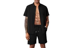 LecGee Men Summer Casual Short Sets Solid Short Sleeve Pocket Button Down Shirt Elastic Shorts 2 Piece Outfits Tracksuit