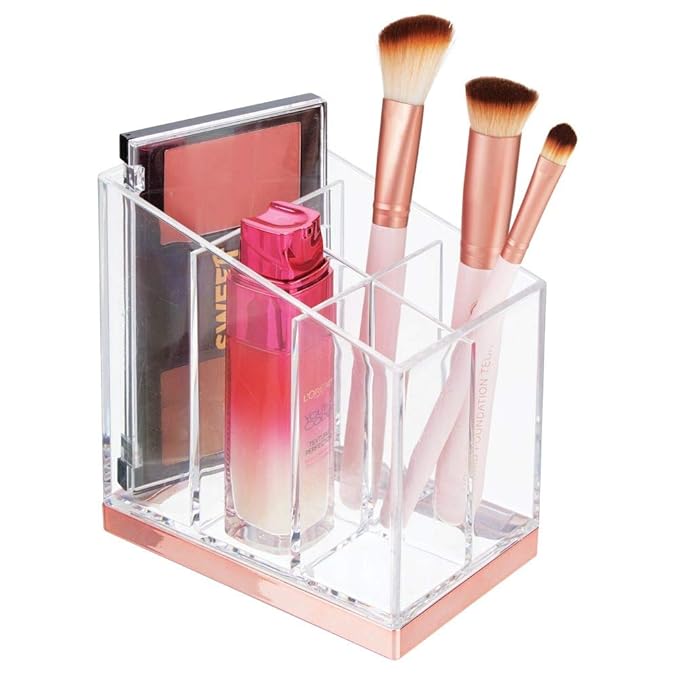 mDesign Práctico organizador de maquillaje – Decorativa caja para guardar cosméticos como esmaltes de uñas o polveras – Expositor de maquillaje con 5 compartimentos – transparente/dorado rojizo