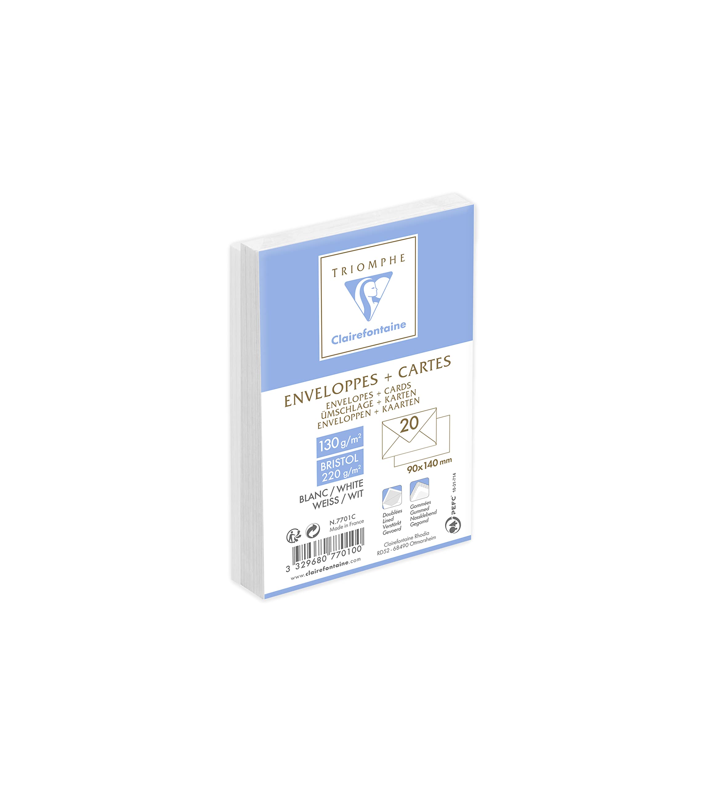 Clairefontaine 7701C - Triomphe combo including 20 White Lined Envelopes 90x140mm - Gummed - 130g/m² + 20 White Bristol Cards 82x128mm 220g/m² - Mailing