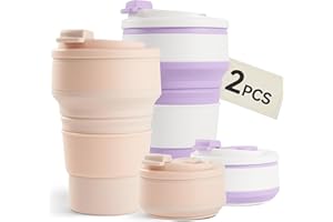 FIJINHOM 2Pcs Collapsible Cup for Traveling, Collapsible Silicone Travel Cup for Hot and 2 Drinks, Leak Proof Silicone Folding Travel Coffee Mug for Camping & Hiking, BPA Free 12oz Purple&Pink