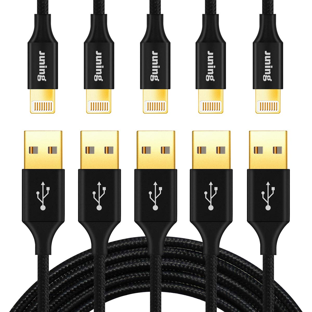 JUNING Lightning Cable Nylon Braided iPhone Charger Cord 5Pack 2x1FT/1x3.3FT/2x6FT Fast Charging, Lightning Connector to Data Syncing, Compatible with iPhone X/8/8P/7/7P/6P/6s/6s+/5/5s/SE, iPad(Black)
