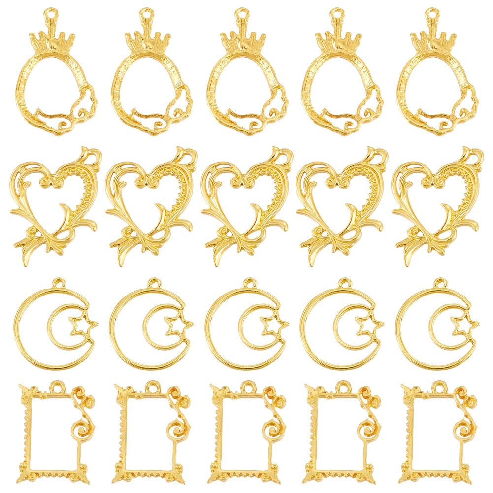 SUNNYCLUE 1 Box 20PCS Open Back Bezel Charms Hollow Frame Charms Heart Moon Geometric Blank Golden Alloy Bezel Charms Epoxy Resin for jewellery Making Charms Valentine's Day Earrings DIY Crafts