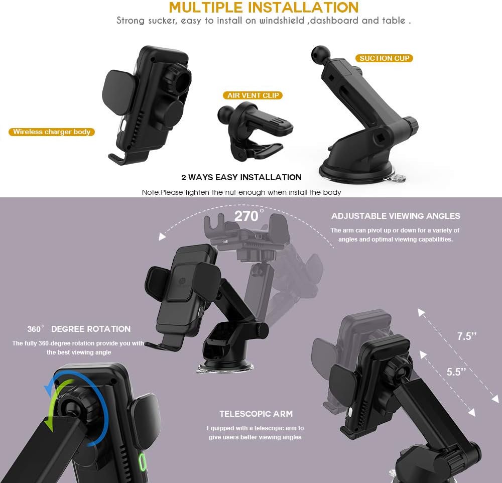 ZeeHoo Wireless Car Charger,10W Qi Fast Charging Auto-Clamping Car Mount,Windshield Dash Air Vent Phone Holder Compatible iPhone 11/11 Pro/11 Pro Max/Xs MAX/XS/XR/X/8/8+,Samsung S10/S10+/S9/S9+/S8/S8+: Electronics