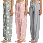 OAKVON 3-Pack Women’s Pajama Pants - Elastic Waist Drawstring Wide Leg Sleepwear Bottoms