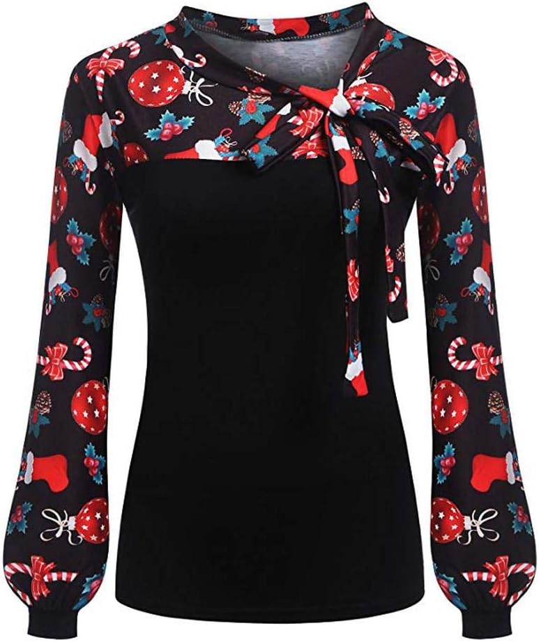 HGWXX7 Christmas Tops for Women Bow Print Lantern O-Neck Long Sleeve T-Shirt Blouse
