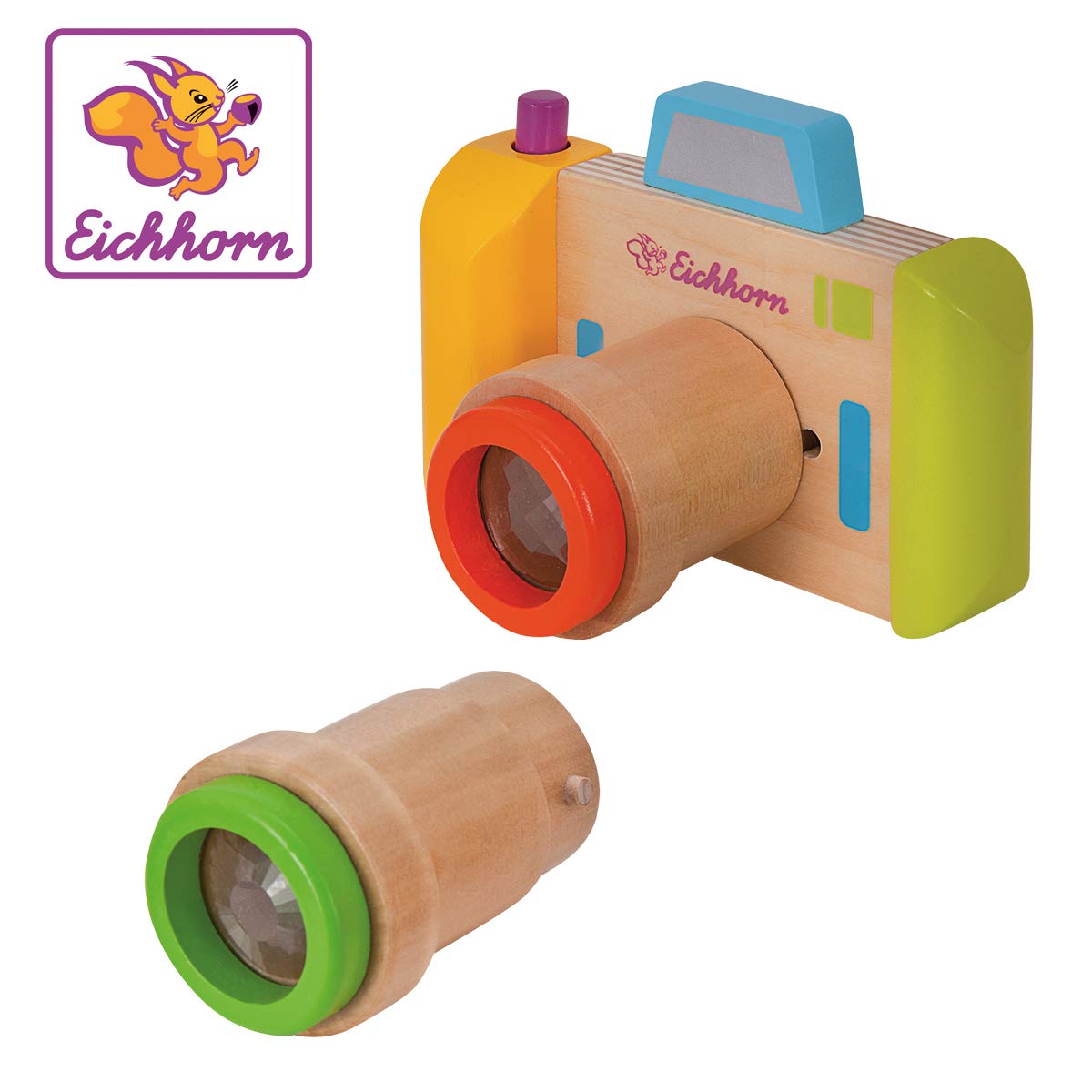 Eichhorn 100003460 Kaleidoscope, 3 Pieces, Camera and 2 Lenses, Material, Suitable for Children from one Year Rotation Function, Wood, Birch Plywood, BSK, 1J+, Multicoloured, 12,5x9x7,5cm
