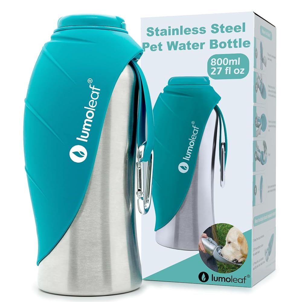 LumoLeaf Portable Dog Water Bottles 800ml, Stainless Steel Pet Travel Water Bottle Dispenser for Walking, Hiking and Outdoor, Portable Water Bowl for Large Dogs (Blue)