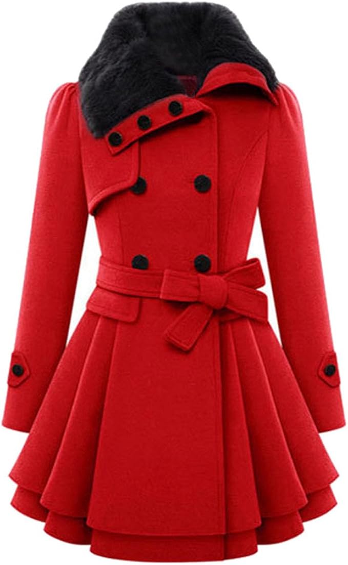 KuoShun Winter Pea Coats for Women Clearance Warm Fur Collar Parka Outdoor Double