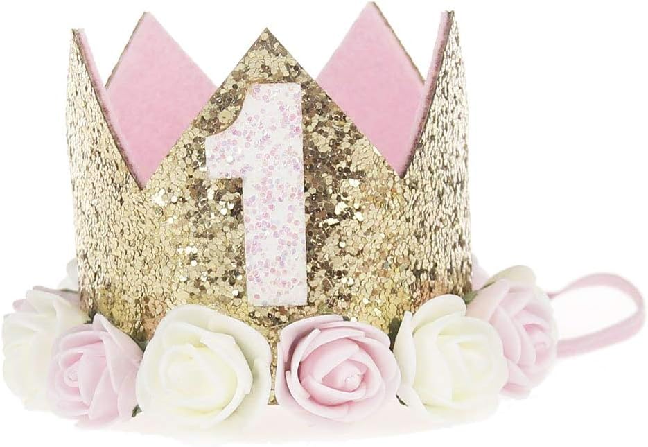 1st Baby Princess Tiara Crown,Baby Girls/Kids First Birthday Hat Sparkle Gold Flower Style with Artificial Rose Flower