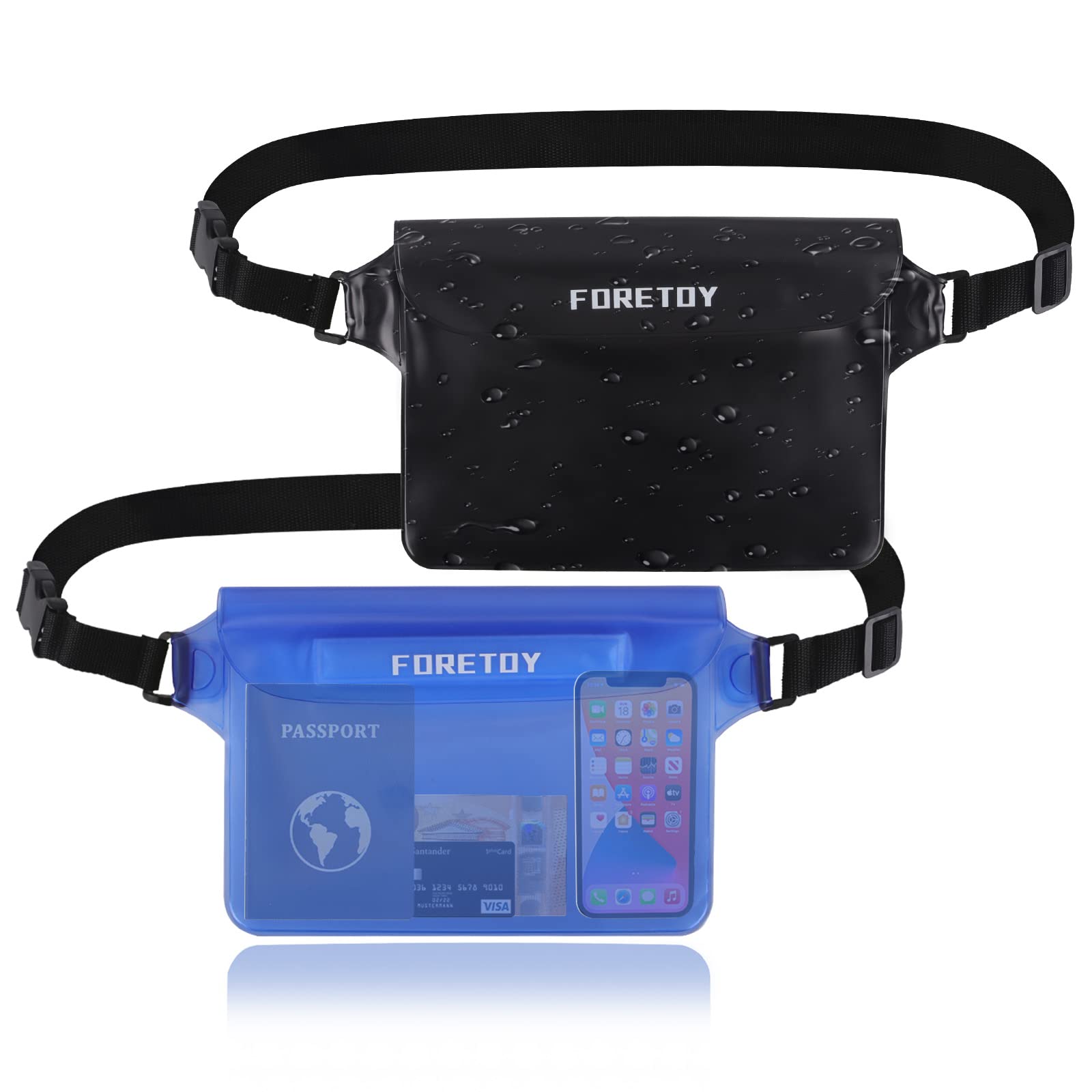 FORETOY Waterproof Pouch Bag, Waterproof Fanny Pack, Waterproof Bum Bag with IP68 Waterproof Mobile Phone Case for Water Sports, Beach, Swimming, Climbing, Transparent, 2 Pieces