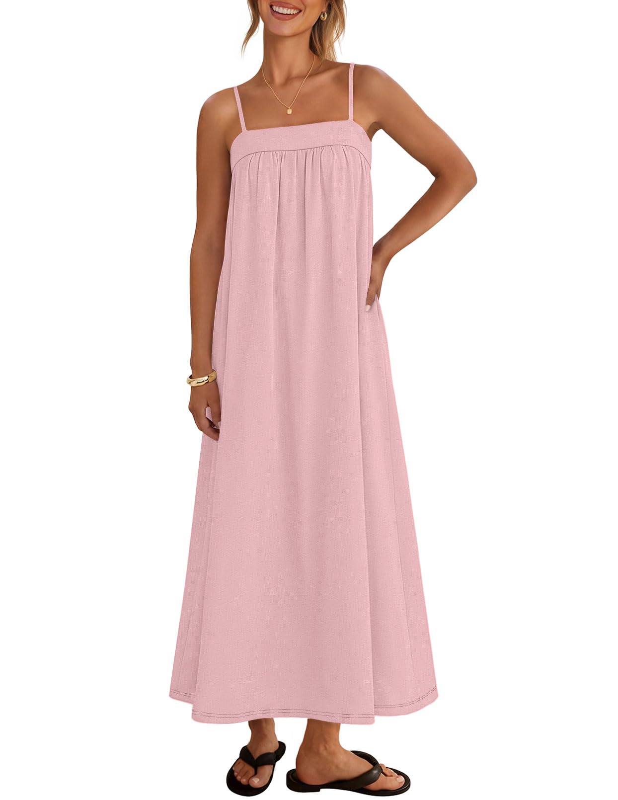 Photo 1 of MEROKEETY Women's Boho Maxi Dresses 2026 Spaghetti Straps Spring Summer Sundress Casual Beach Vacation Long Dresses, Pink, Medium