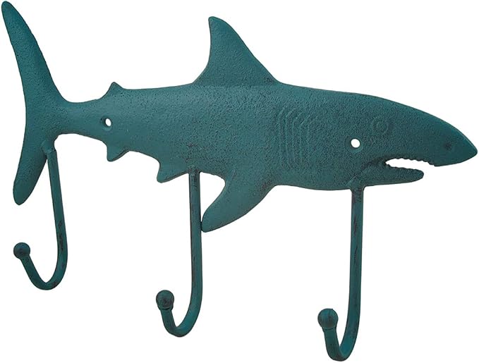 Zeckos Cast Iron Shark Shaped Verdigris Decorative Wall Hook