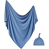 Aijoviko Newborn Swaddle Blanket with Hat Set Baby Swaddle Set Hospital Receiving Blankets for Girls Boys(Steel Blue,35"*35")