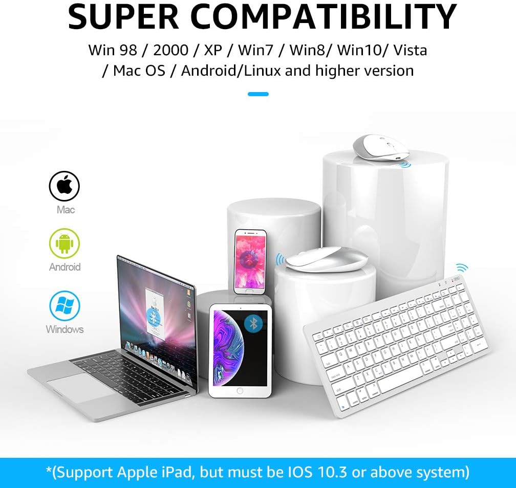 inphic Ultra-Slim Wireless Bluetooth Keyboard Mouse Combo, Compatible with iPad 10.2/9.7, iPad Air 10.5, iPad Pro 11/12.9, iPad Mini 5/4, iPhone and Other Bluetooth Enabled Devices, White: Computers & Accessories