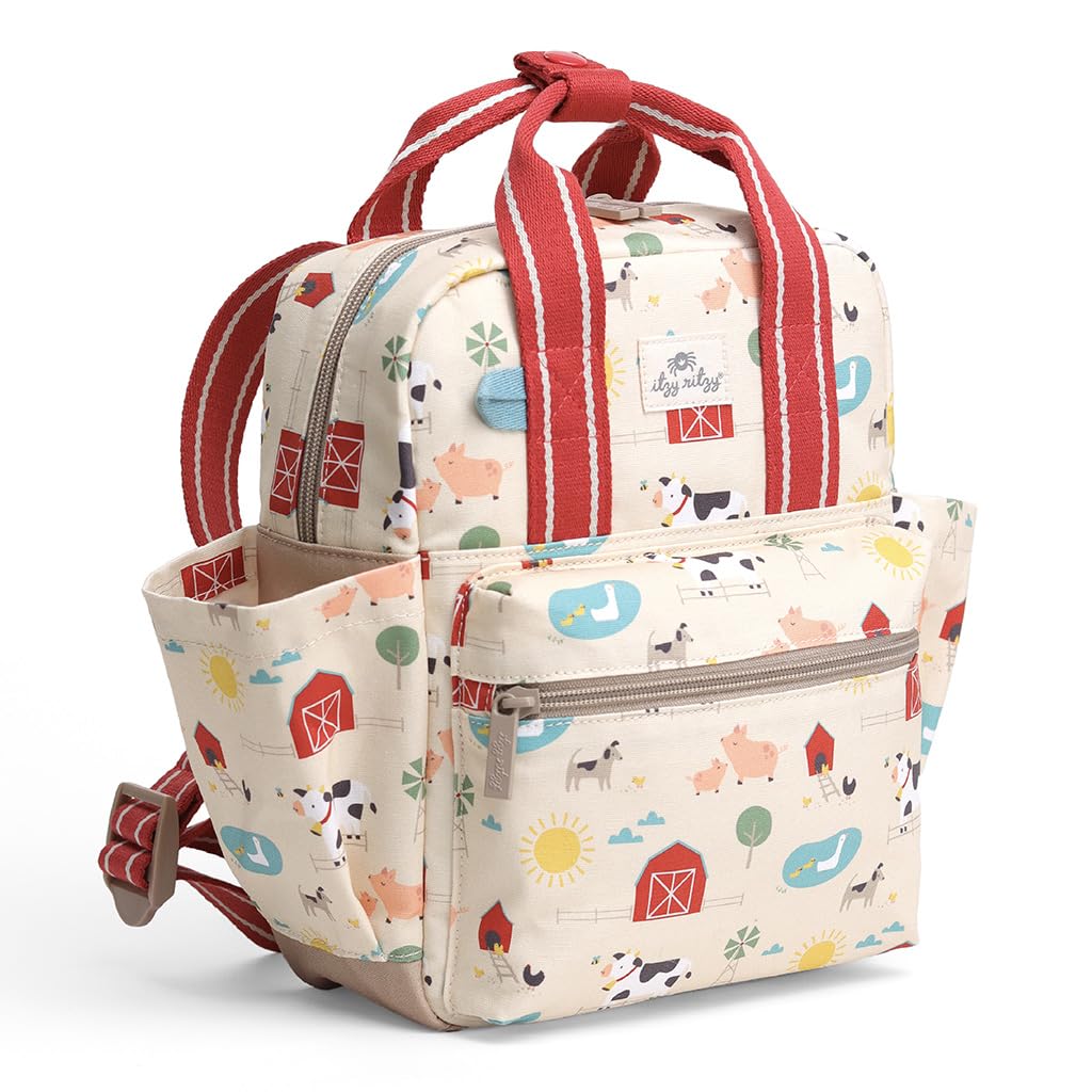 Itzy Ritzy Toddler Backpack - Daycare Bag - Features Adjustable Shoulder Straps, 2 Side Pockets & Spacious Interior with Wipeable Fabric Lining & Name Label, Farm Backpack