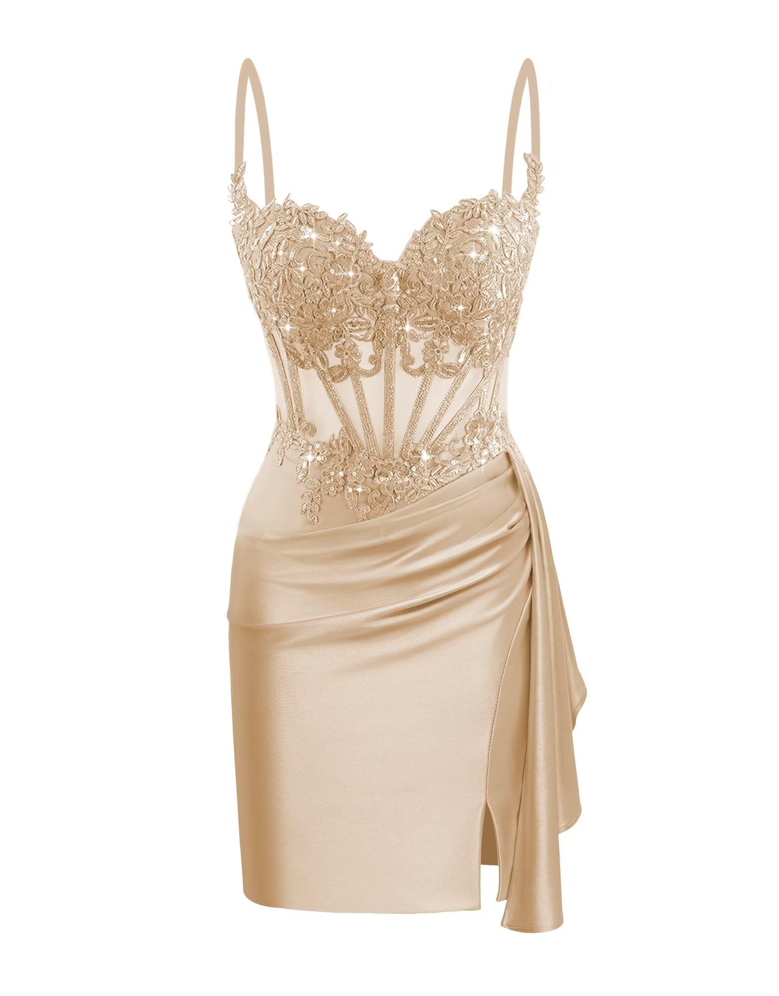 View 1 of *USED*
vintys Women's Spaghetti Straps Sequin Satin Short Homecoming Dresses for Teens with Tail 2025 Tight Lace Appliques Prom Party Dress Short Champagne 4