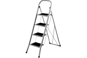 Daniks 4 Step Ladder with Handrail | Foldable Step Stool, Anti-Slip Pedals | Sturdy Lightweight Steel | 330lb Capacity | Silver