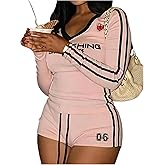 SOLY HUX Women's 2 Piece Outfits Letter Graphic Striped Long Sleeve Tops and Drawstring Shorts Set Going Out Streetwear