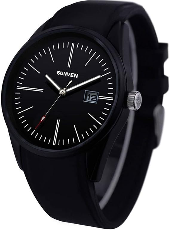 Amazon Sunven腕時計 メンズシンプルブラック男性用うで時計日本製クオーツスポーツウオッチ夜光日付5atm防水 ブラック レッド メンズ腕時計 腕時計 通販
