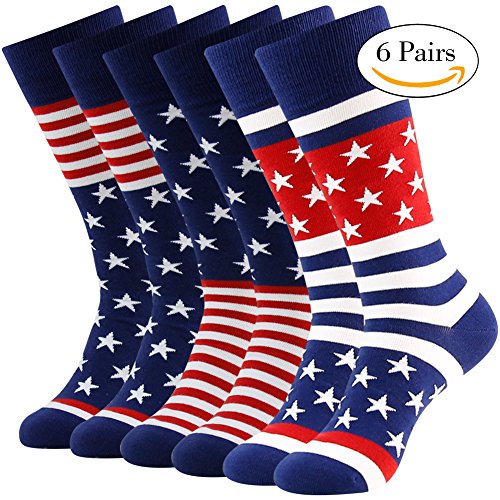 Business Gift Socks, LANDUNCIAGA Men Patriotic American Flag Stars Novelty Cotton Crew Bridegroom Socks,6 Pairs