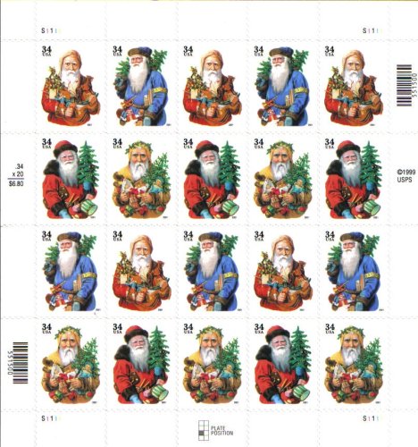 2001 OLD WORLD SANTAS #3540b Pane of 20 x 34 cents US Postage Stamps