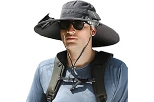 Yiexson Men's Wide Brim Solar Fan Outdoor Fishing Hat, Sun Hat with 2 Solar Fans, Grey, Medium to Large