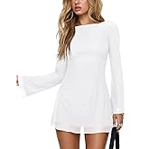 GOBLES Women's Sexy Long Flare Sleeve Boat Neck A-line Mini Cocktail Party Dress