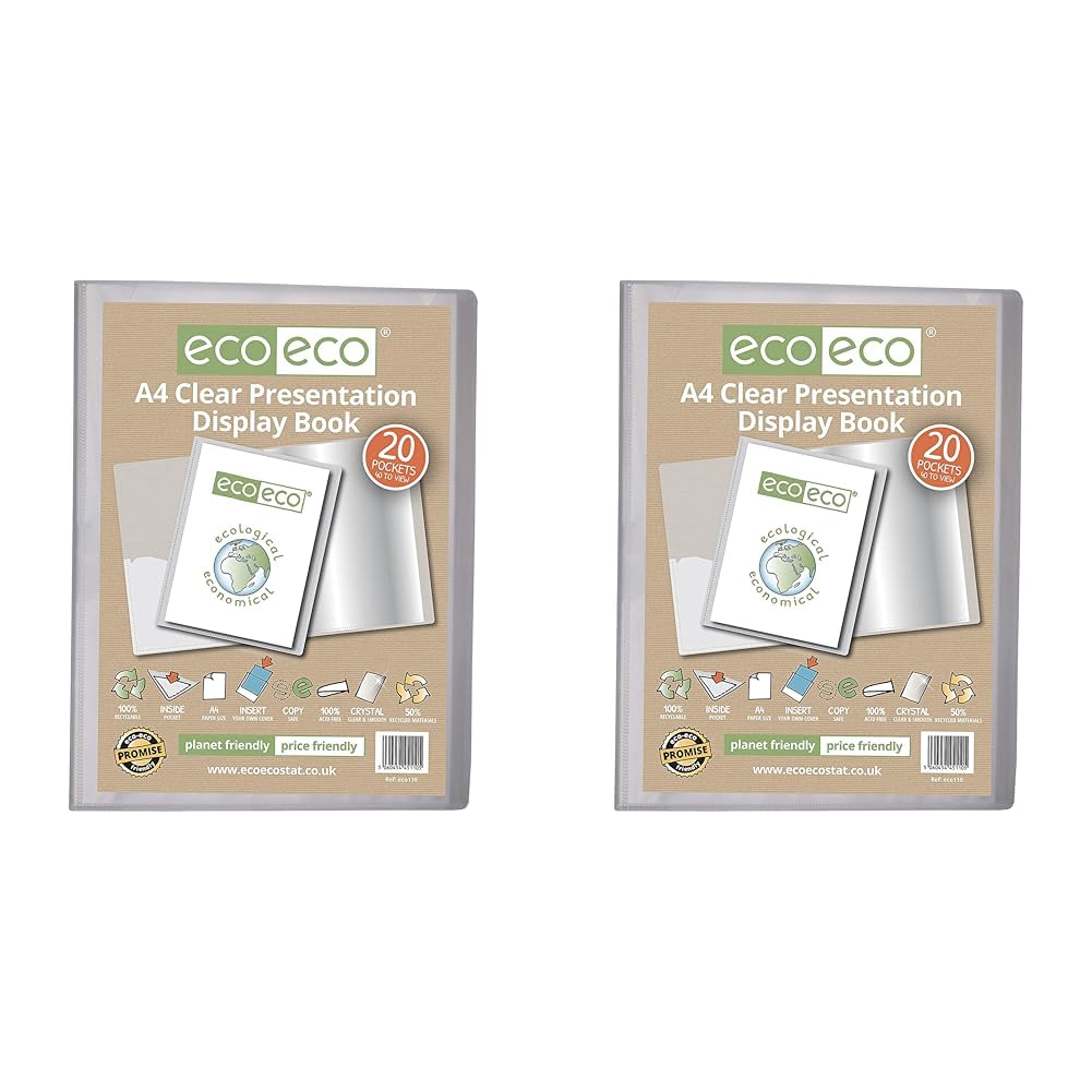eco-eco A4 Size 50% Recycled 20 Pocket Clear Presentation Display Book, Storage Case Portfolio Art Folder with Plastic Sleeves, eco110 (Pack of 2)