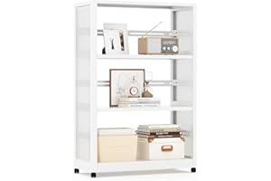 Kubohogar 3-Tier Metal Bookcase with Wheels,42" White Display Bookshelf with Adjustable Shelves,CD Storage Racks,Morden Design for Living Room,Office,Library Room