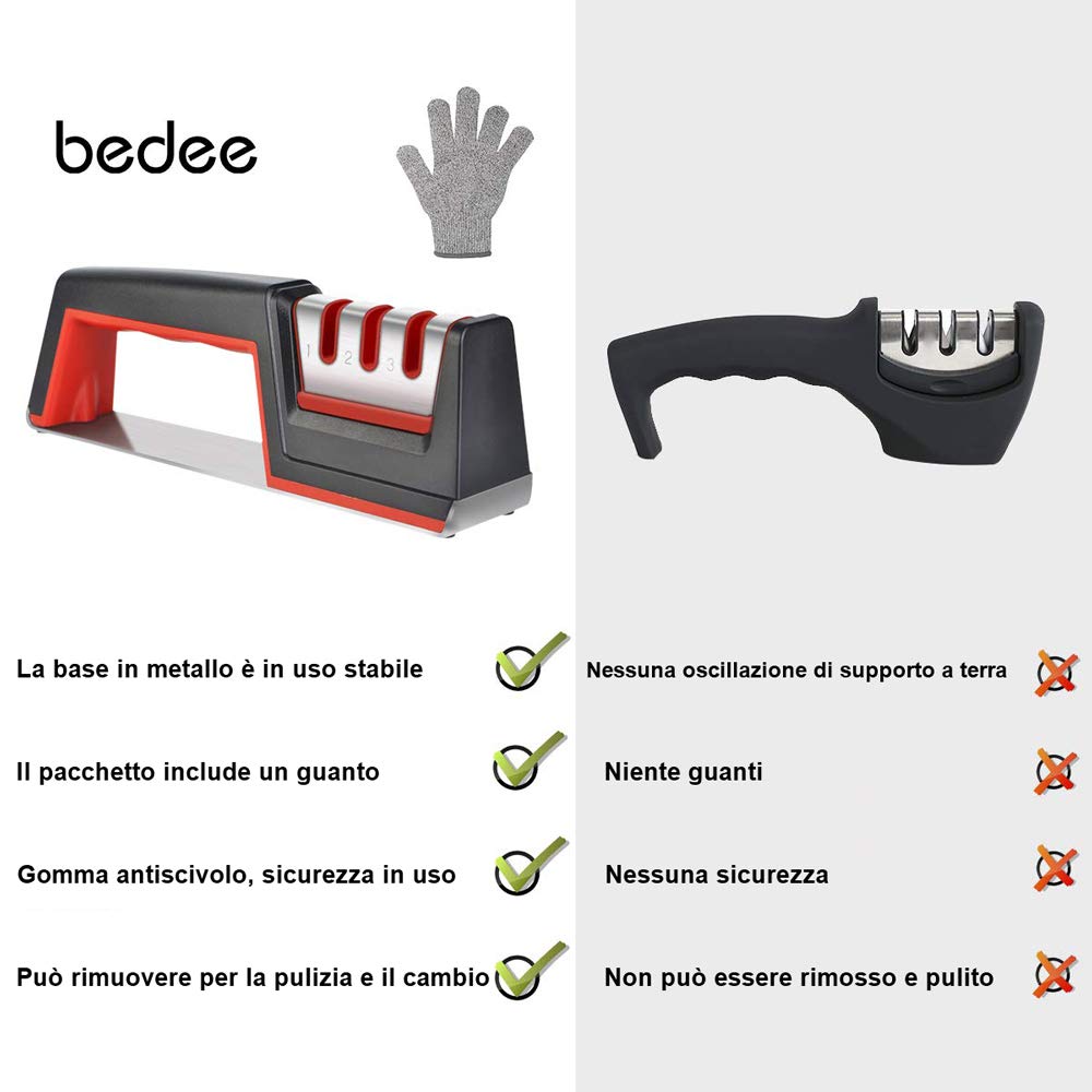 bedee Affilacoltelli Manuali, Affilacoltelli, Strumento per Affilare i coltelli Manuale a 3 stadi, Base Antiscivolo, Facile da Controllare