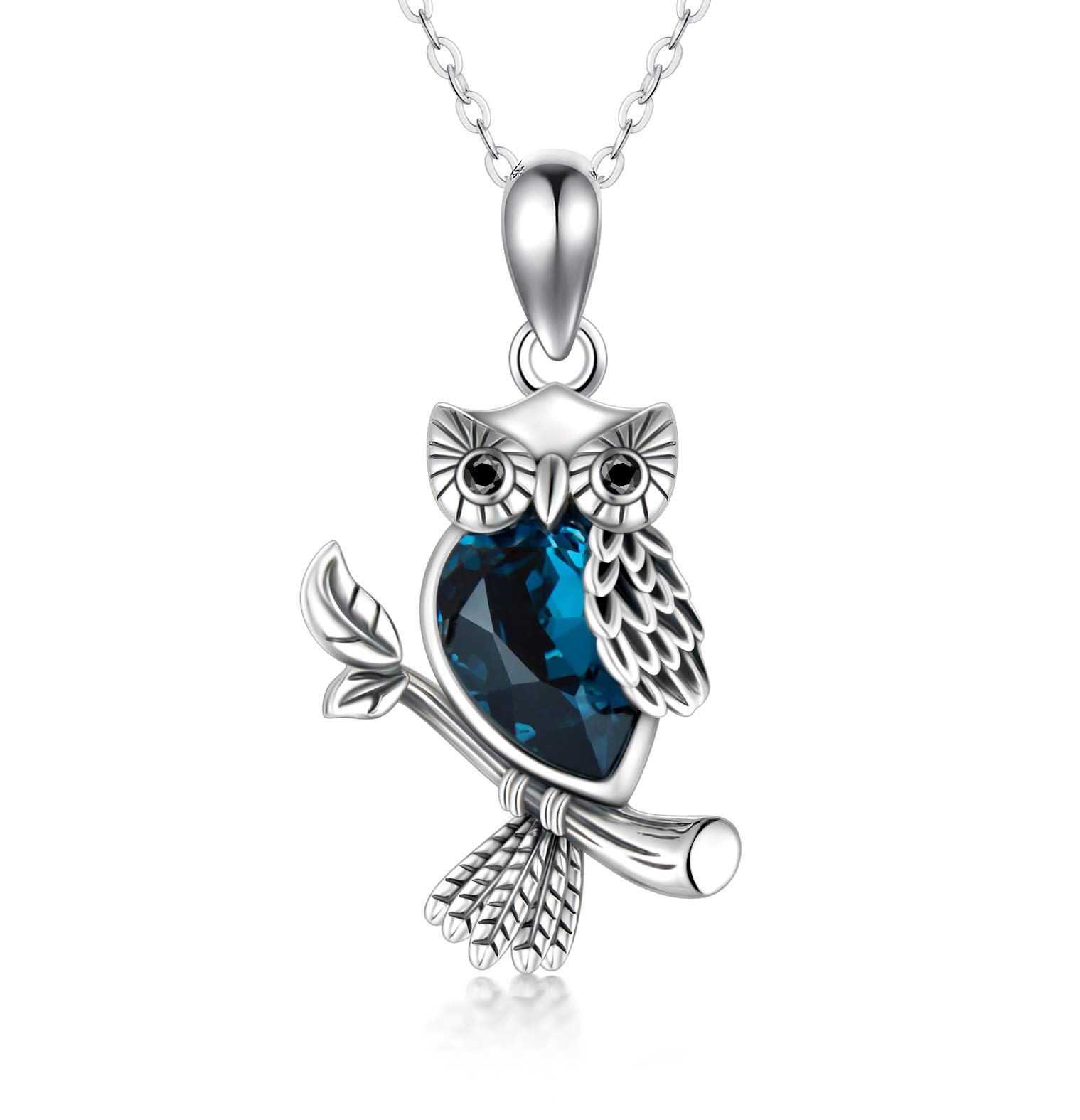 HARMONY BOLA Owl Necklace with Blue CZ Crystal 925 Sterling Silver Animal Bird Pendant Jewellery for Her Women, 45.7+5.1 CM Necklace Extender — image 1