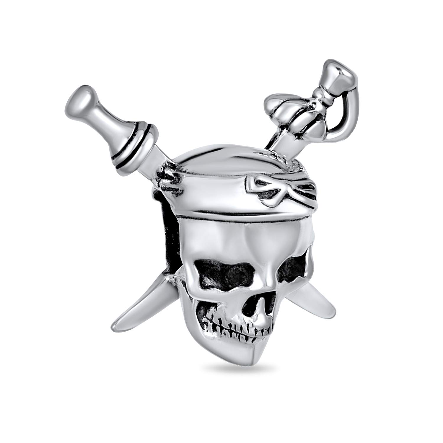 Bling Jewelry Halloween Caribbean Pirate Skull & Cross Swords Charm Bead For Women For Teen Oxidized .925 Sterling Silver Fits European Bracelet