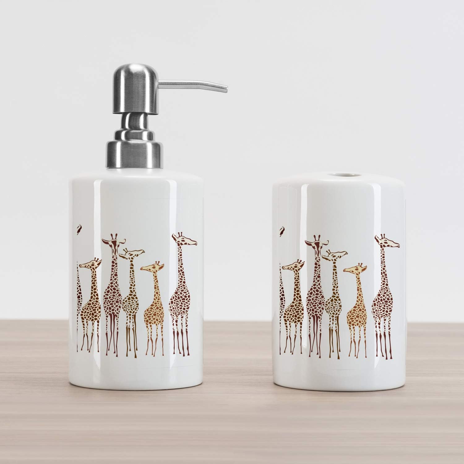 Lunarable Safari Soap Dispenser and Toothbrush Holder Set, Tropical Giraffes Exotic Climates