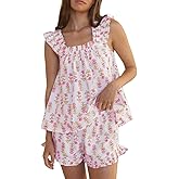 Wyeysyt Summer PJs for Women Set, Womens Floral Pajama Set Trim Cami Top and Shorts 2 Piece Sleepwear Set