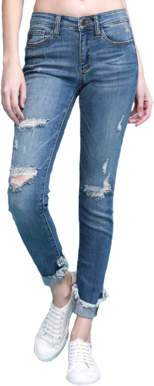 destroyed hem skinny jeans