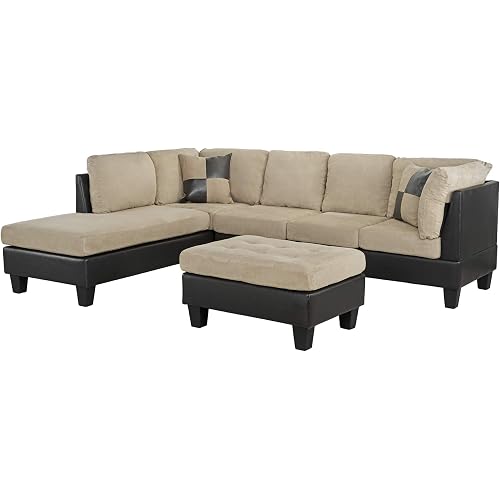 Camillia 3-Piece Microfiber and Faux Leather Sofa and Ottoman Set, 102" W, Mocha-Tan