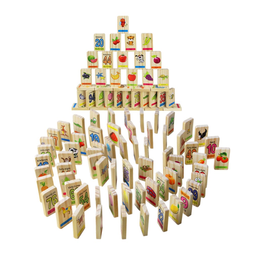 Akokie Wooden Toys Dominoes 100 Pcs Wooden Building Blocks Stacking Toys with Numbers Bag Storage for Kids 3 4 5 6 Years Old