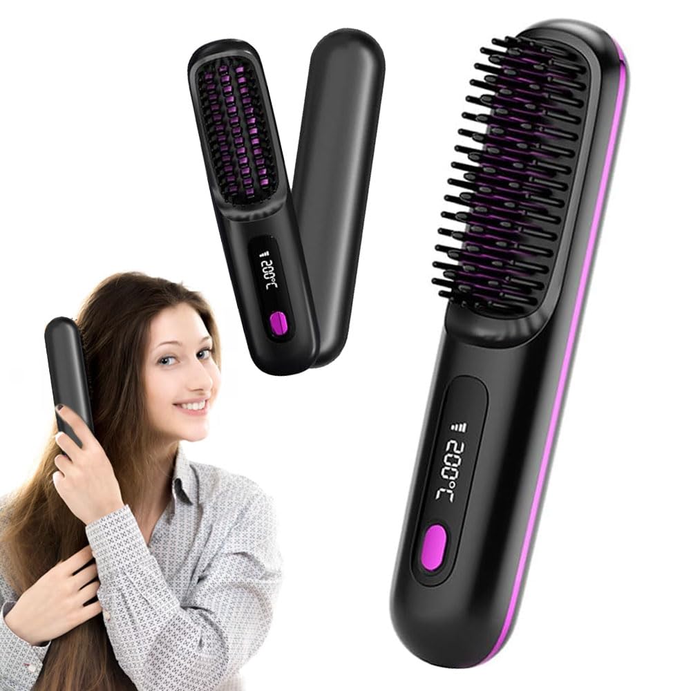 YANGUN Cordless Hair Straightener Brush, 3 in 1 Hair Straightener Brush, Hair Straightening Brush with 3 Temperature Modes & LED Screen, Portable Ceramic Hair Straighteners Brush for Hair Styling