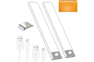 SUNLINKCO 11in Under Cabinet Lights,60LED Motion Sensor Light Indoor Wireless,Magnetic 2500mAh Rechargeable Battery Under Counter Lights,Type C USB Closet Lighting for Kitchen,Wardrobe, Bedroom,Warm Light-2pack