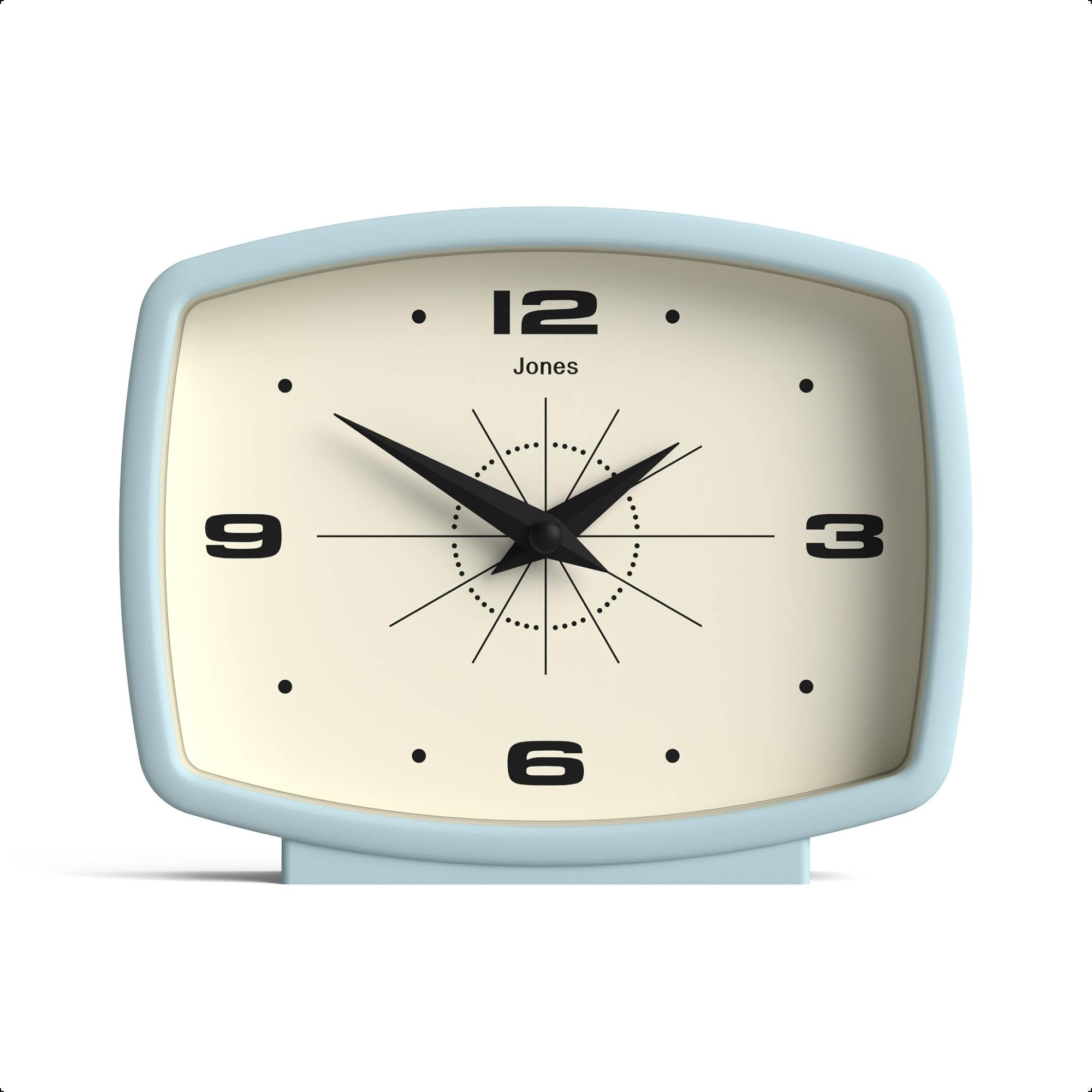 Jones Clocks® Film desk clock | Retro rectangular design | Pale blue | Retro design, blending mid-century style with a punchy modern finish for shelf, table, mantel or bedside