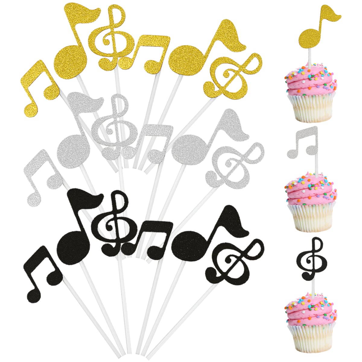 DOERDO 18Pcs Music Cupcake Toppers Musical Note Cake Topper for Musician Themed Birthday Wedding Baby Shower Party Decorations Supplies(3 Colors)