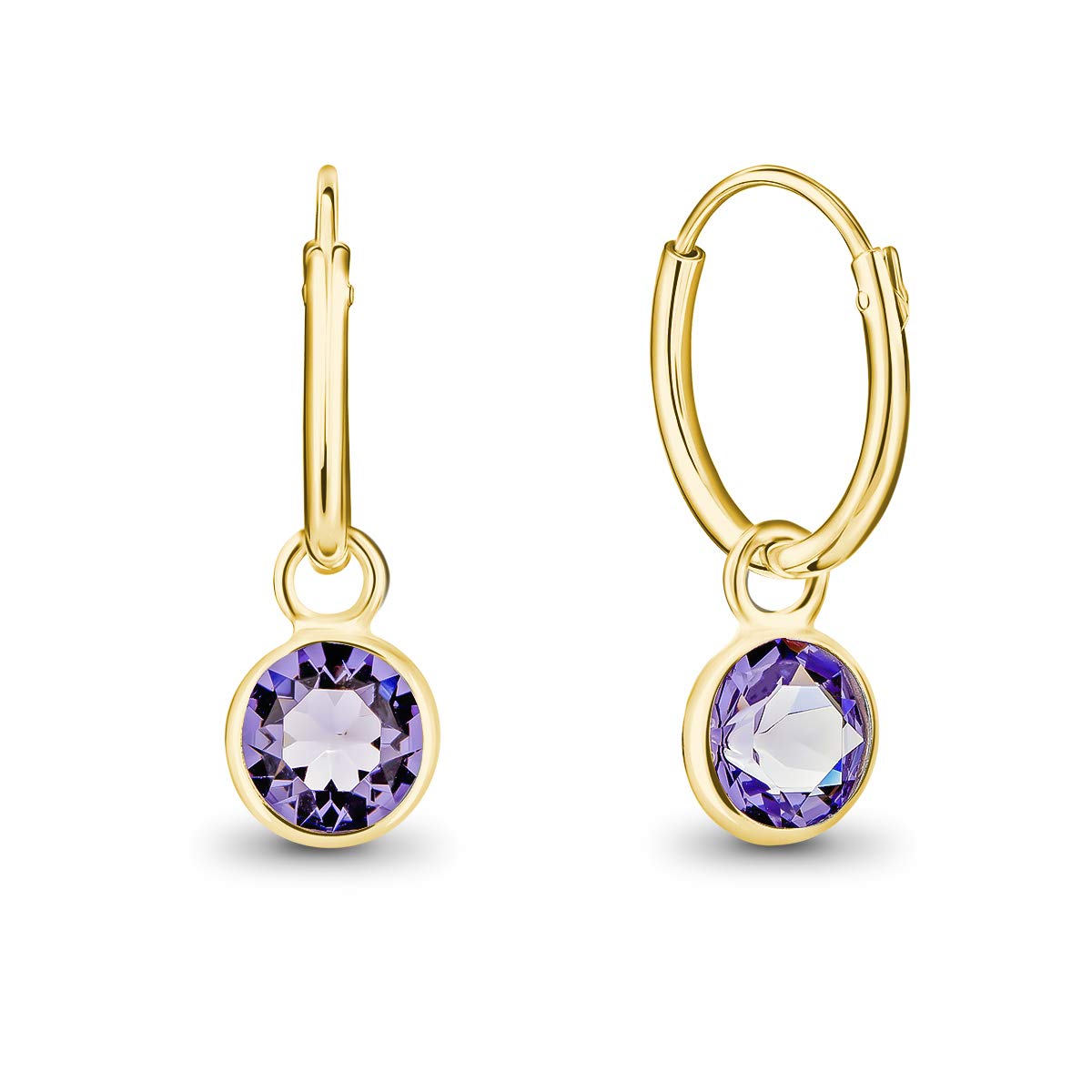 DTPsilver® 925 Sterling Silver Yellow Gold Plated SMALL Hoops Earrings - Dangling 5 mm Round Glittering Crystals from Swarovski® Elements - Diameter 14 mm - Colour: Tanzanite — image 1